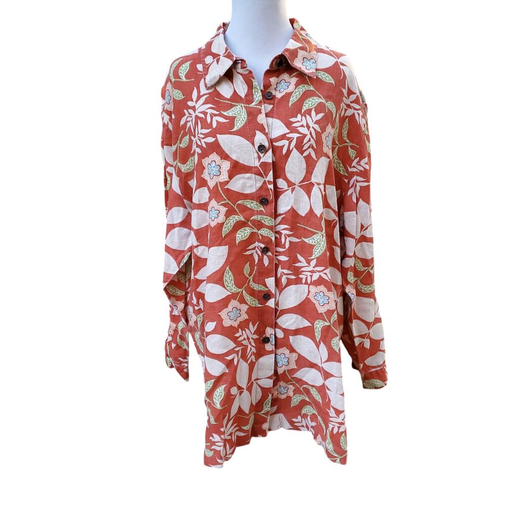 Spiegel Orange Floral Linen Button Down Tunic Top Blouse Long Sleeve Sz XL